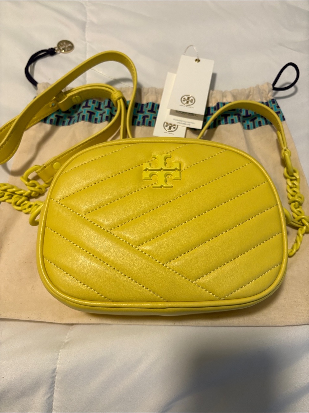 Tory Burch Kira Chevron Powder Coated Camera Bag in Calendula Yellow